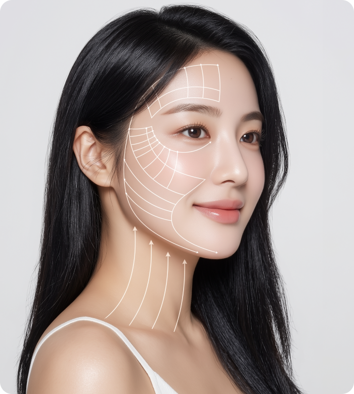 韩国首尔江南新沙站附近伊瑞消诊所 美版超声刀第二代 Ultherapy PRIME面部线条提升方向及SMAS筋膜层目标部位可视化模特图
